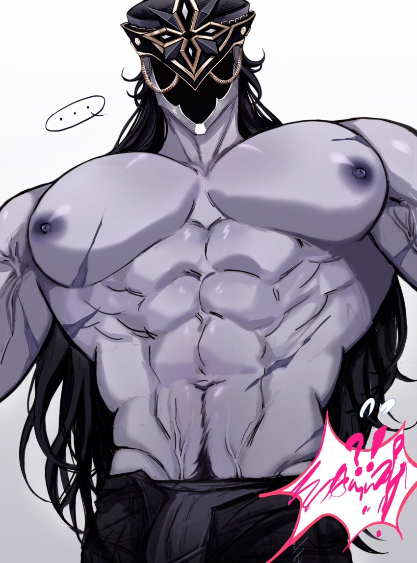 1boy bara bare_pectorals black_hair black_nipples capitano_(genshin_impact) colored_nipples colored_skin genshin_impact highres kinzlev large_pectorals long_hair mask mask_on_head muscular muscular_male pectorals purple_skin topless_male veiny_crotch