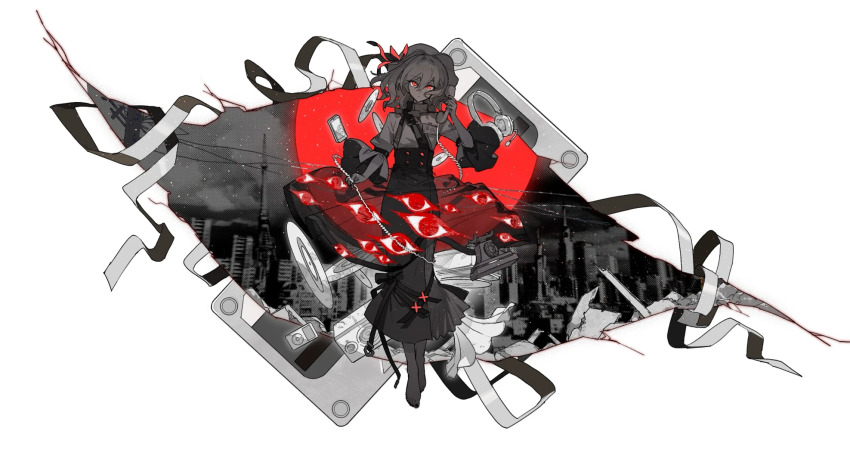 1girl barefoot black_nails building cassette_tape cd city cityscape closed_mouth commentary_request corded_phone debris digital_media_player expressionless gap_(touhou) greyscale hat headphones high-waist_skirt highres holding holding_phone id_card limited_palette long_hair long_skirt looking_at_viewer maribel_hearn mob_cap monochrome nail_polish nami_haven phone red_eyes red_ribbon ribbon see-through_skirt_layer skirt skyscraper snowcake47 solo speaker toenail_polish toenails touhou tower wide_shot