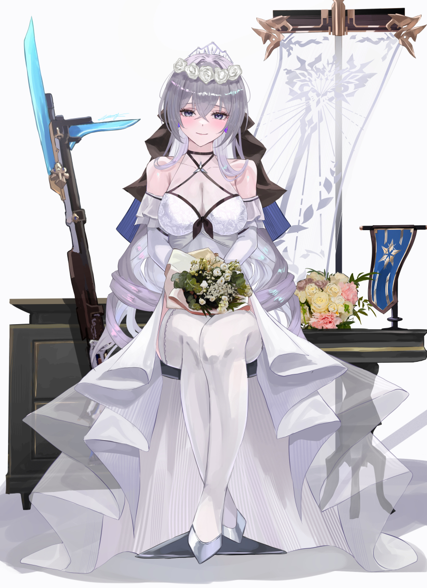 1girl absurdres bouquet breasts bronya_rand cleavage crossed_bangs dress flower grey_eyes grey_hair gun hair_between_eyes highres holding holding_bouquet honkai:_star_rail honkai_(series) large_breasts long_hair miya-chan_(lightning0730) musket simple_background sitting smile solo thighhighs weapon wedding_dress white_background white_dress white_footwear white_thighhighs