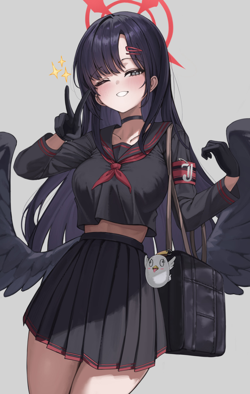 1girl absurdres akamin435 armband bag black_bag black_choker black_eyes black_gloves black_hair black_serafuku black_shirt black_skirt black_wings blue_archive choker feathered_wings gloves grey_background halo highres ichika_(blue_archive) long_hair low_wings neckerchief one_eye_closed peroro_(blue_archive) red_armband red_halo red_neckerchief school_uniform serafuku shirt shoulder_bag simple_background skirt smile solo v wings