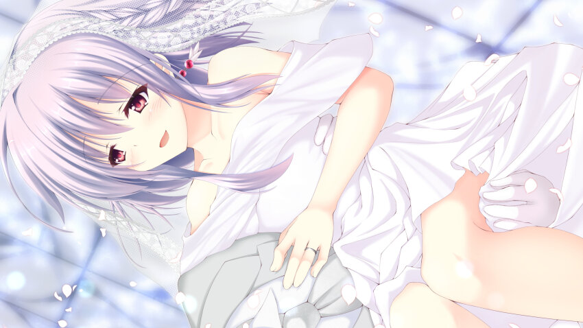 1boy 1other :d absurdres alternate_costume asuka_minato bare_shoulders blue_hair blurry blurry_background blush bridal_veil carrying collarbone commentary_request dress dutch_angle earrings eyelashes falling_petals feet_out_of_frame gloves hair_between_eyes hand_on_another&#039;s_chest happy highres jewelry looking_ahead male_focus medium_hair off-shoulder_dress off_shoulder open_mouth otome_domain petals princess_carry red_eyes ring smile straight_hair trap veil wedding wedding_dress wedding_ring white_dress white_gloves zindaizi-jindaiji