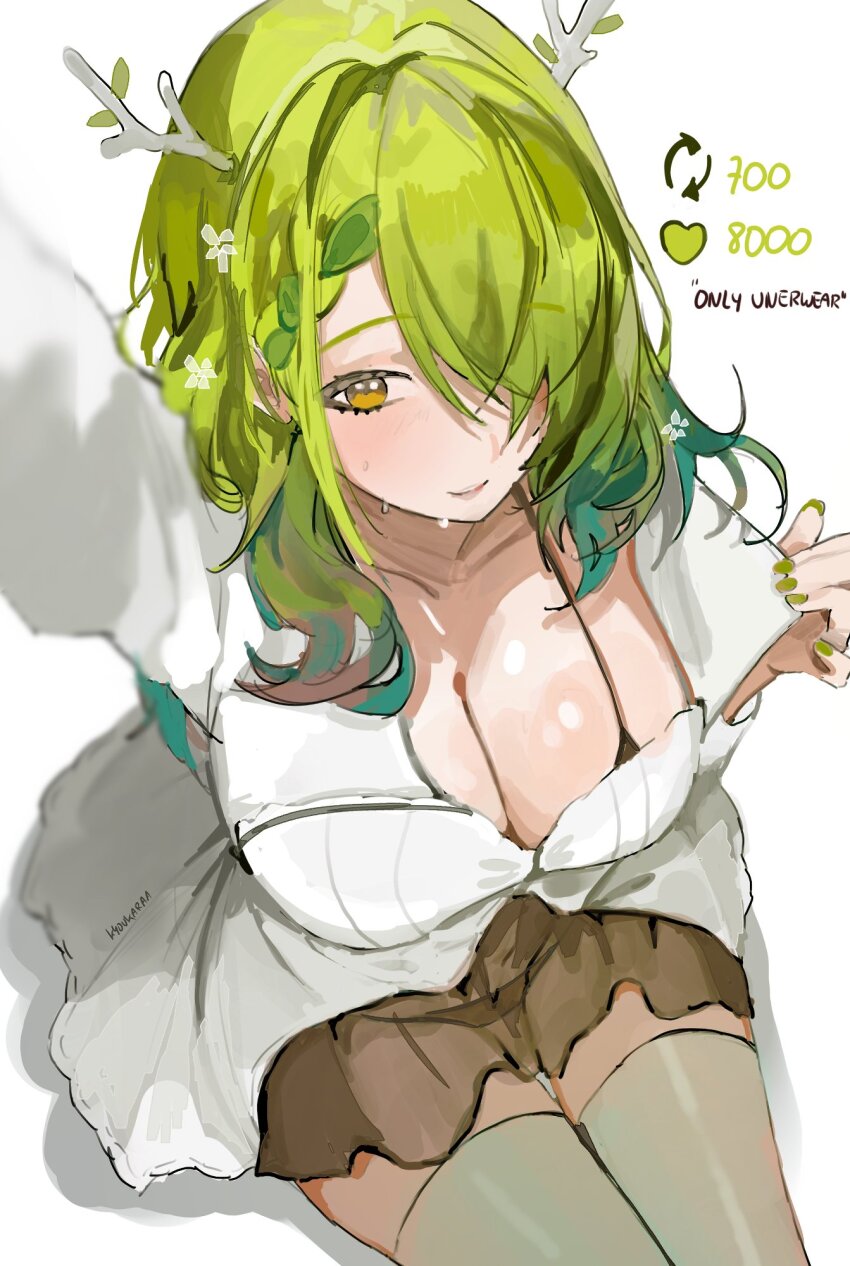 1girl antlers braid branch breasts ceres_fauna cleavage collarbone green_hair hair_branch hair_over_one_eye highres hololive hololive_english horns kyoukaraa large_breasts skirt solo thighhighs tree_horns twitter_strip_game virtual_youtuber yellow_eyes