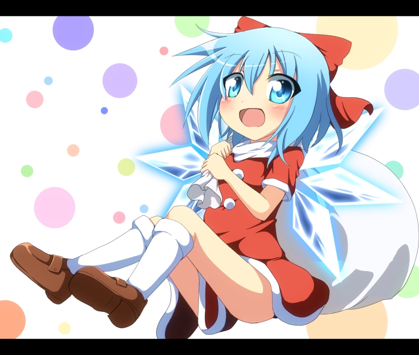 1girl alternate_costume blue_eyes blue_hair blush cirno do_(4-rt) dress female_focus hair_ribbon letterboxed mary_janes matching_hair/eyes open_mouth red_dress red_skirt ribbon sack santa_costume shoes skirt socks solo touhou wings