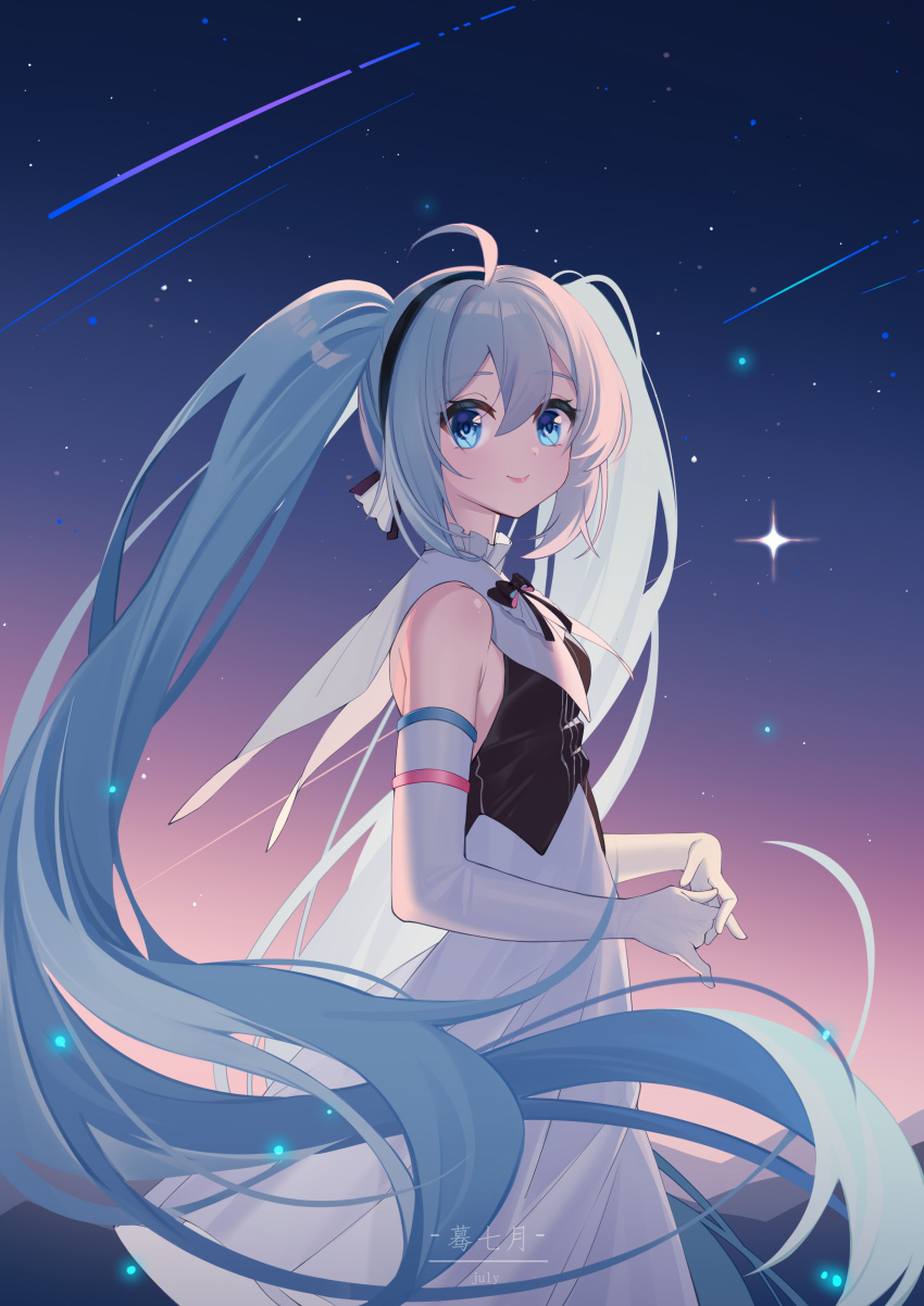 1girl absurdres ahoge bare_shoulders black_bow black_bowtie black_hairband black_vest blue_eyes blue_hair bow bowtie chinese_commentary closed_mouth commentary_request cowboy_shot dress elbow_gloves falling_star gloves hair_between_eyes hairband hatsune_miku highres july long_hair making-of_available miku_symphony_(vocaloid) moli_qiyue outdoors own_hands_together sleeveless sleeveless_dress smile solo standing star_(sky) twintails very_long_hair vest vocaloid white_dress white_gloves