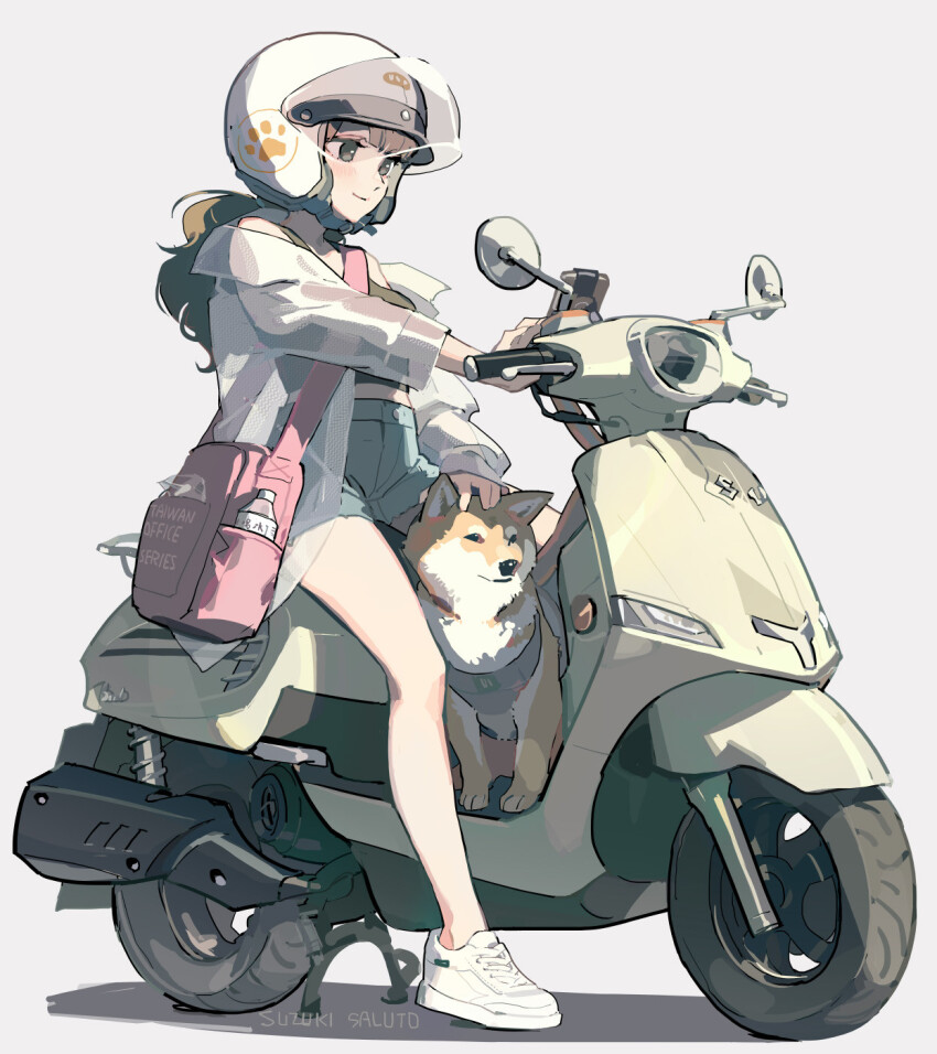 1girl bag black_hair bottle brown_eyes cellphone coat dog helmet highres long_hair motor_vehicle original petting phone satchel scooter shiba_inu shoes shorts simple_background smartphone smile sneakers tank_top tennohi water_bottle