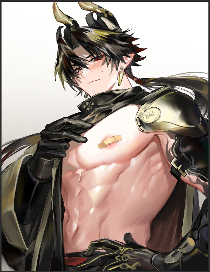 1boy abs arknights armor bandaid bandaids_on_nipples black_hair chongyue_(arknights) closed_mouth commentary dragon_boy dragon_horns earrings highres horns jewelry male_focus multicolored_hair pasties pointy_ears red_eyes shoulder_armor streaked_hair symbol-only_commentary tzar_game