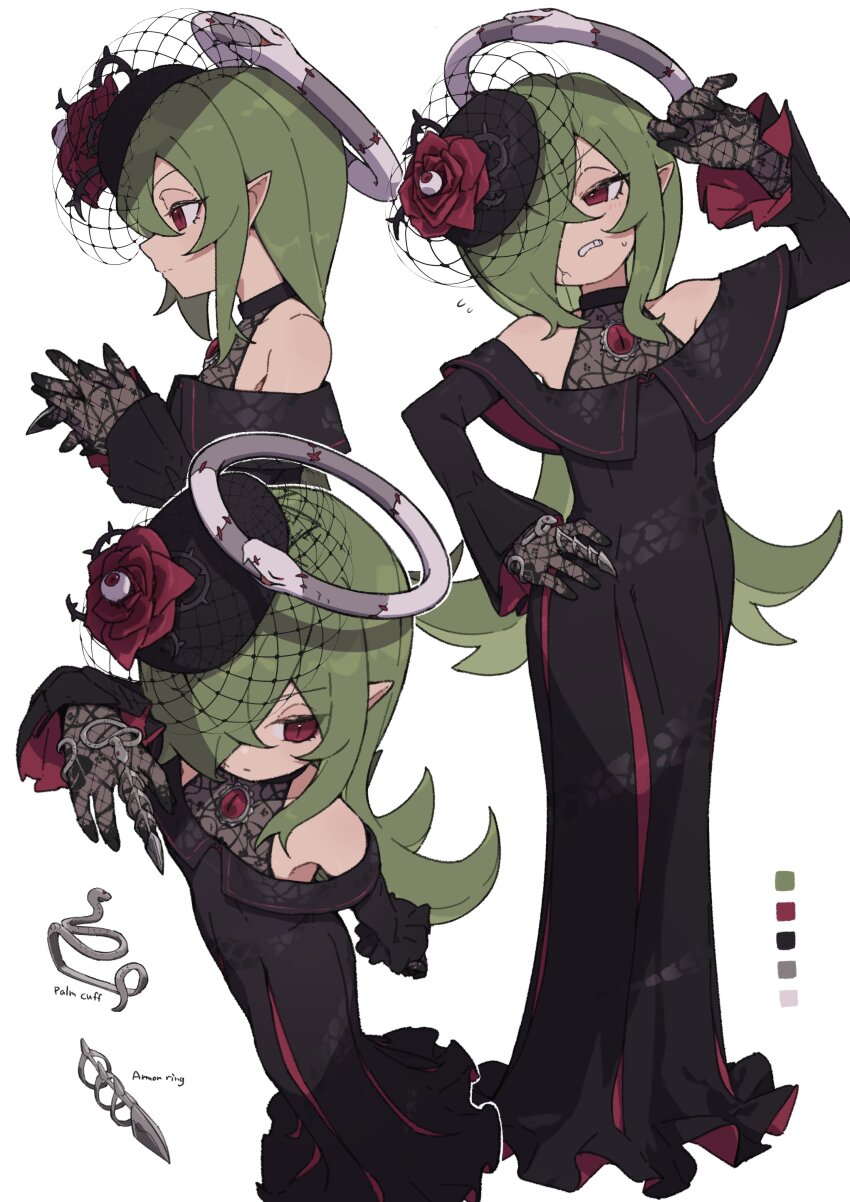 1girl absurdres bare_shoulders black_dress black_headwear child clenched_teeth commentary_request dress embarrassed eyeball flat_chest flower from_above from_side gloves green_hair hair_over_one_eye halo highres lace lace_gloves light_blush long_hair long_sleeves multiple_views original ouroboros ouroboros-chan_(zizi_niisan) parted_lips pointy_ears red_eyes red_flower red_rose rose simple_background snake teeth very_long_hair white_background white_halo white_snake wide_sleeves zizi_niisan