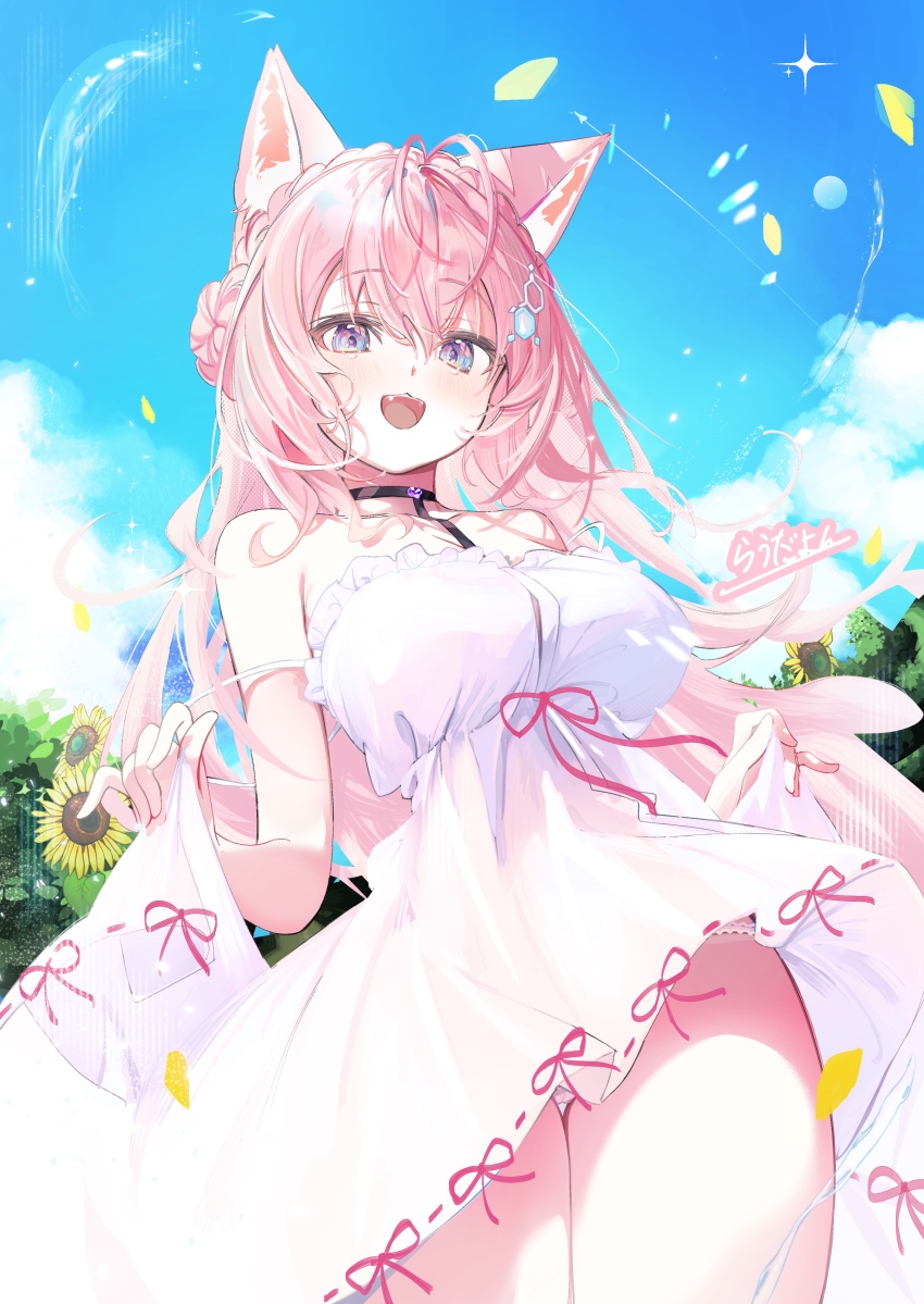 1girl absurdres animal_ears antenna_hair bare_shoulders black_choker blue_sky blush breasts chest_belt choker collarbone commentary day double_strap_slip dress fang flower glitter hair_between_eyes hakui_koyori heart heart_choker highres hololive kokoro_(hakui_koyori) large_breasts laudayon long_hair looking_at_viewer open_mouth outdoors panties panty_peek pink_hair pink_ribbon purple_eyes ribbon skirt_hold sky sleeveless sleeveless_dress smile solo sundress sunflower thigh_gap thighs underwear virtual_youtuber water_drop white_dress white_panties wolf_ears wolf_girl yellow_flower