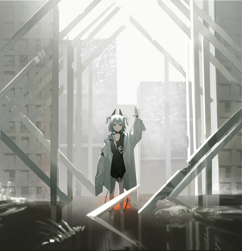 1girl :o absurdres arm_up bare_legs barefoot black_collar black_horns black_shirt blurry building coat collar day depth_of_field highres horns jewelry original pendant reflective_floor shirt short_hair sky solo standing white_coat white_hair white_horns white_sky zheshe_jing