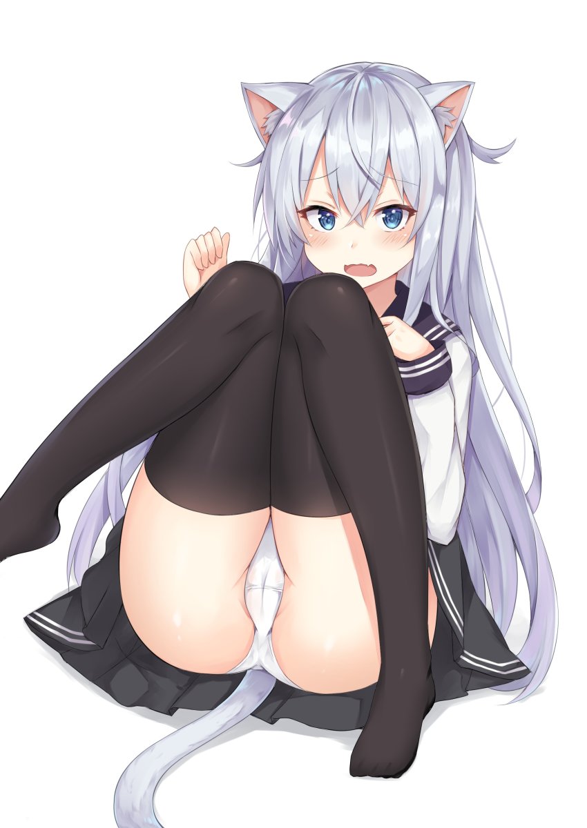 10s absurdres animal_ears black_thighhighs blue_eyes cat_ears cat_tail coffeedog hibiki_(kancolle) highres kantai_collection long_hair panties pantyshot solo tail thighhighs underwear white_background white_hair white_panties