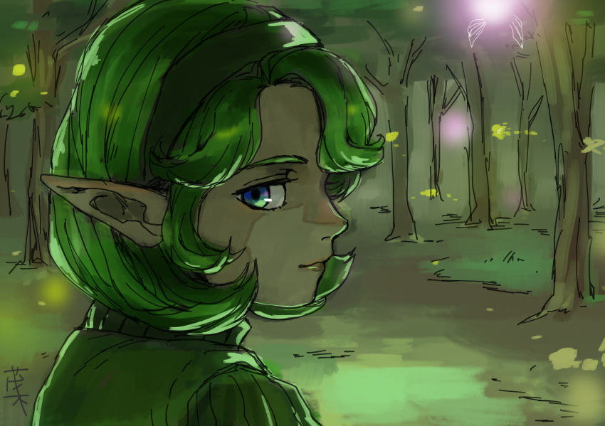 1girl blue_eyes fairy forest green_hair hairband kokiri looking_at_viewer looking_back nature nintendo outdoors pointy_ears saria_(zelda) shrub_mtg smile solo sweater the_legend_of_zelda the_legend_of_zelda:_ocarina_of_time tree turtleneck turtleneck_sweater upper_body