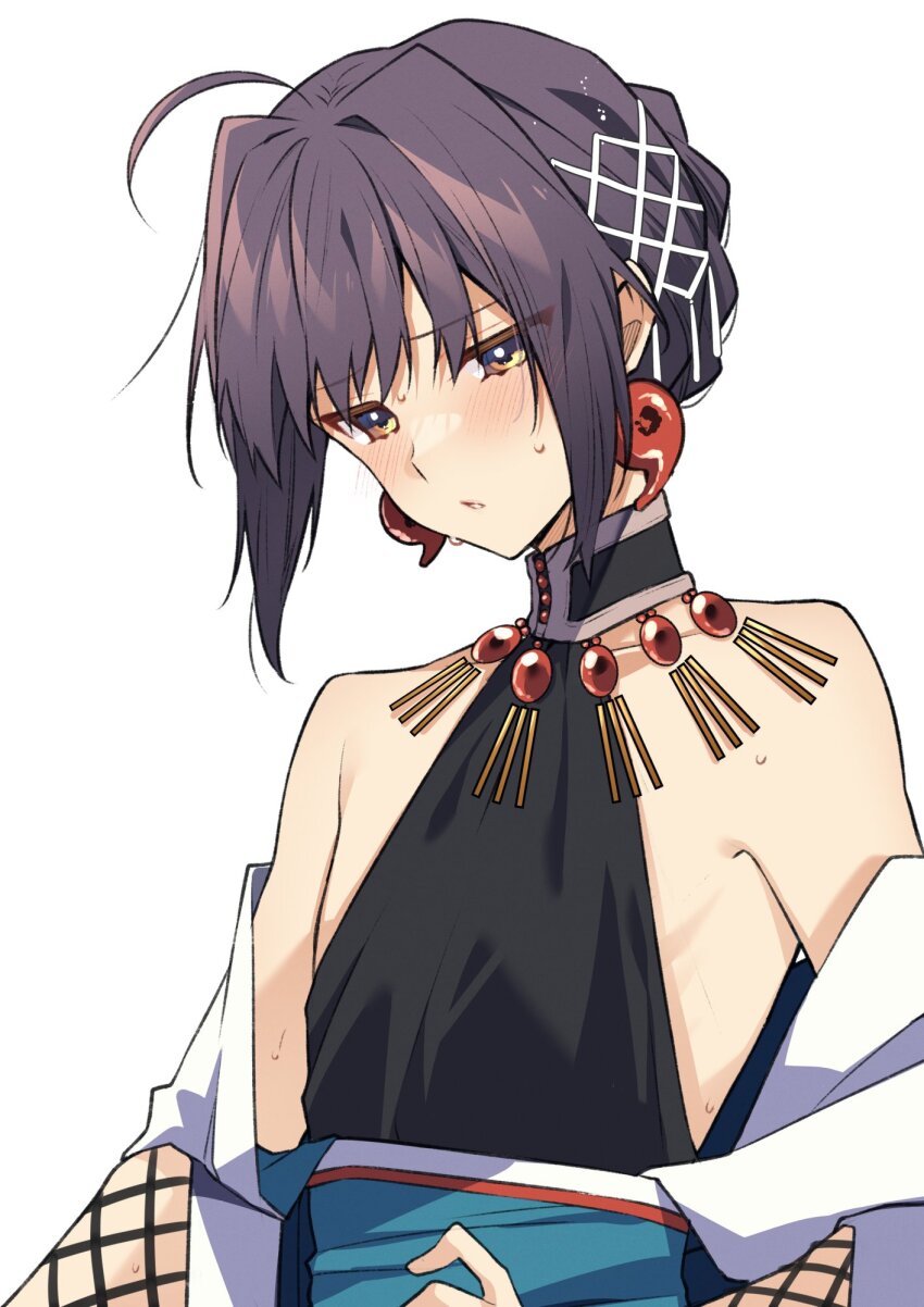 1other ahoge androgynous bare_shoulders black_hair blush braid braided_bun earrings ebi_fly_55 fate/samurai_remnant fate_(series) hair_bun halterneck highres japanese_clothes jewelry magatama magatama_earrings necklace official_alternate_costume official_alternate_hairstyle sash sidelocks simple_background solo sweat white_background yamato_takeru_(fate) yamato_takeru_(phantasmal_dress)_(fate) yellow_eyes