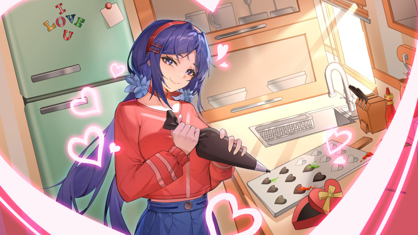 1girl absurdres artist_request blue_eyes blue_hair breasts candy chocolate chocolate_heart choker crazy_mita_(miside) food hair_ornament hairband hairclip heart heart-shaped_food highres long_hair long_sleeves looking_at_viewer low_twintails miside mita_(miside) official_art red_hairband skirt smile textless_version twintails valentine