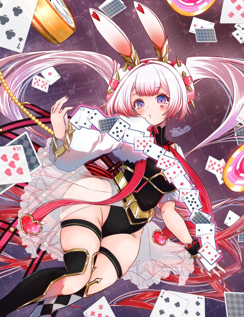 1girl animal_ears black_leotard card double_bun donut_hair_bun duel_monster hair_bun highres leotard maliss_&lt;p&gt;_white_rabbit momobesaeka pink_hair playing_card rabbit_ears rabbit_girl solo twintails yu-gi-oh!