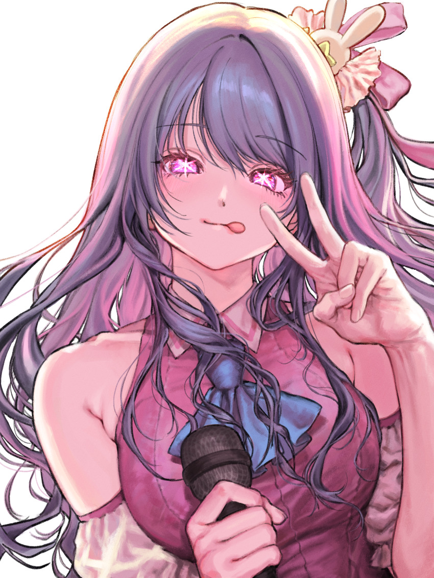 1girl :p absurdres ascot backlighting bare_shoulders blue_ascot blush bright_pupils closed_mouth collared_shirt commentary eyelashes fingernails floating_hair hair_ornament hair_ribbon hand_up happy highres holding holding_microphone hoshino_ai idol idol_clothes long_hair looking_at_viewer microphone nyaminyamimmm one_side_up oshi_no_ko pink_eyes pink_ribbon pink_shirt purple_hair rabbit_hair_ornament ribbon shirt sidelocks simple_background sleeveless sleeveless_shirt smile solo star-shaped_pupils star_(symbol) swept_bangs symbol-shaped_pupils tongue tongue_out upper_body v white_background white_pupils