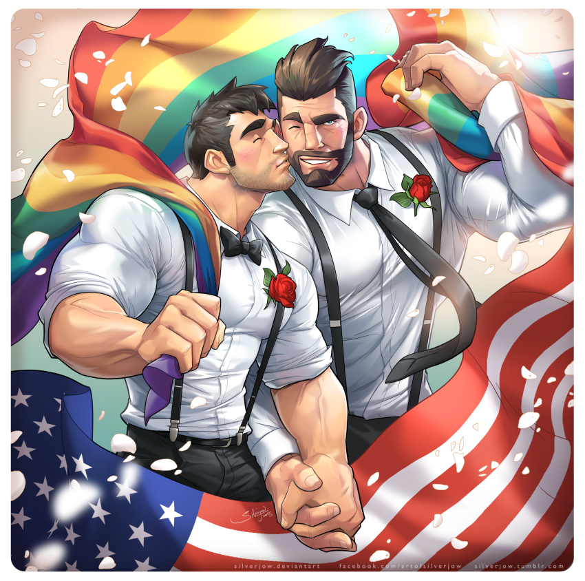 2boys absurdres american_flag bara beard beard_stubble blush collared_shirt couple cowboy_shot facial_hair flower flower_on_chest formal_clothes full_beard happy highres holding_hands interlocked_fingers kiss kissing_cheek large_hands lgbt_pride looking_at_viewer male_focus mature_male medium_sideburns multiple_boys muscular muscular_male necktie one_eye_closed original pectorals petals rainbow_flag rose shirt short_hair sideburns_stubble silverjow stubble suspenders wrinkled_skin yaoi