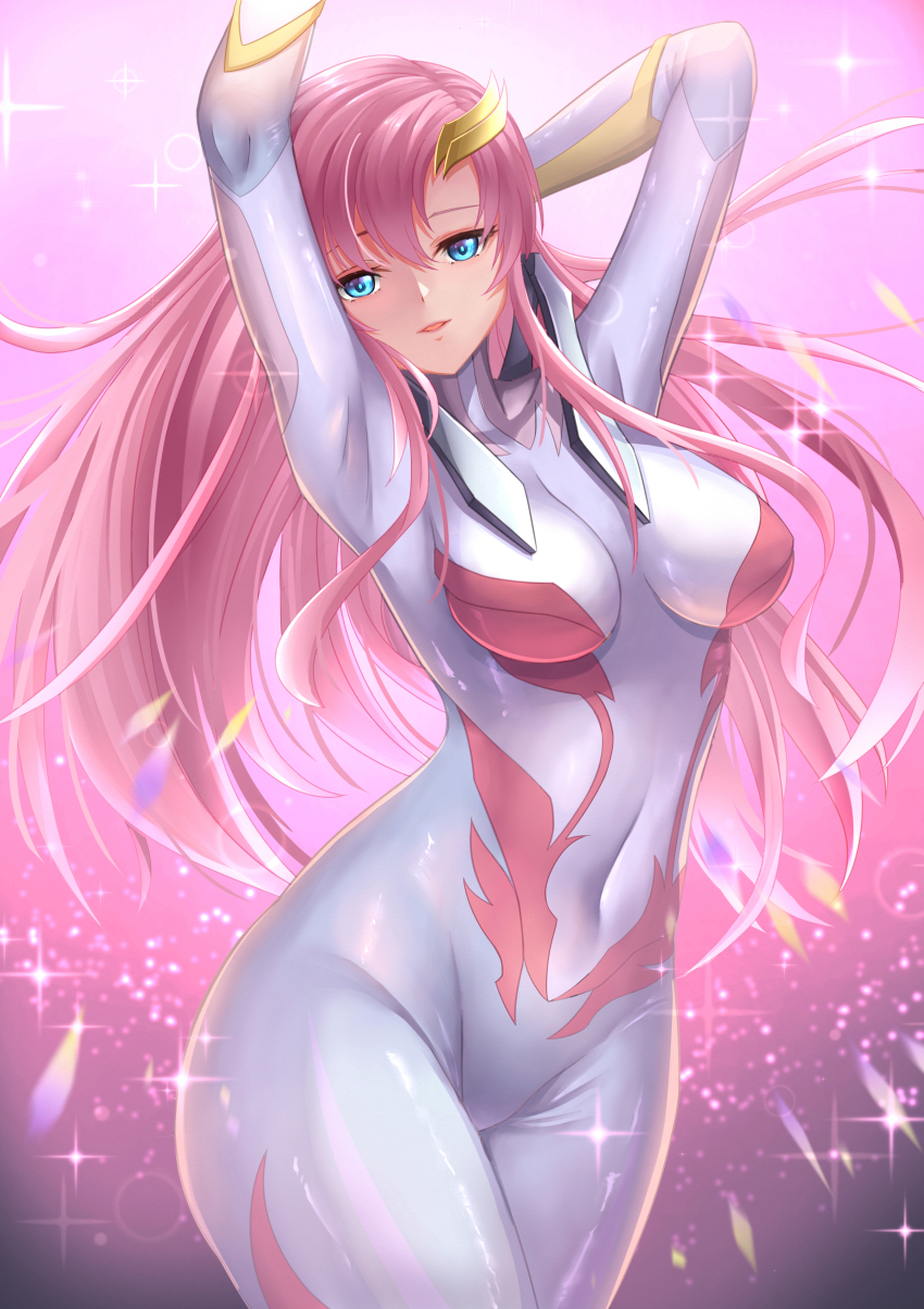 1girl absurdres alternate_costume arms_up blue_eyes bodysuit breasts commentary_request covered_navel glowing glowing_eyes gundam gundam_seed gundam_seed_freedom hair_ornament highres lacus_clyne long_hair looking_at_viewer mecha_pilot_suit medium_breasts normal_suit official_alternate_costume open_mouth pilot_suit pink_hair skin_tight smile solo thighs troy_(oxaa01ex)