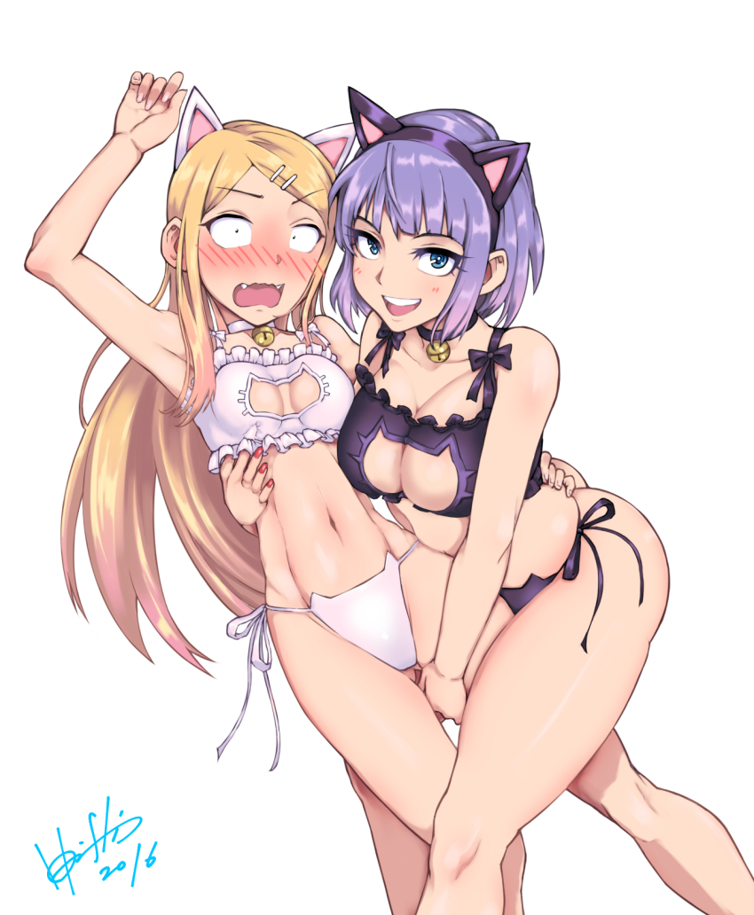 10s 2016 2girls :d :o animal_ears armpits arms_up bare_arms bare_legs bare_shoulders bell between_legs black_bra black_panties blonde_hair blue_eyes blush bra breasts brown_eyes cat_cutout cat_ear_panties cat_ears cat_girl cat_lingerie choker cleavage cleavage_cutout clothing_cutout constricted_pupils dagashi_kashi earrings embarrassed endou_saya fang female_focus hair_ornament hairband hairclip highres hori_shin hug jewelry jingle_bell large_breasts legs lingerie long_hair looking_at_viewer medium_breasts meme_attire midriff multiple_girls nail_polish navel open_mouth panties purple_hair ringed_eyes round_teeth sanpaku shidare_hotaru short_hair shy side-tie_panties simple_background smile surprised teeth underwear underwear_only wavy_mouth white_background white_bra white_panties yuri