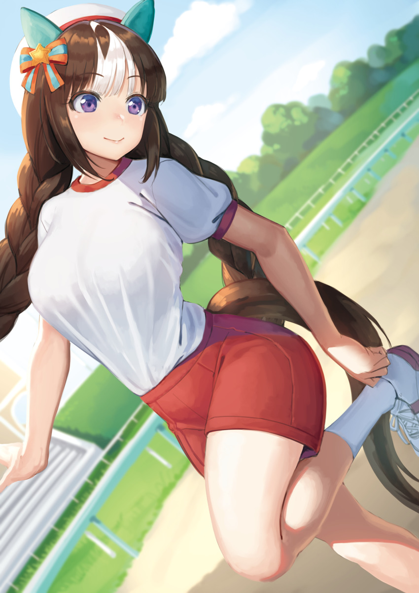 1girl animal_ears beret blue_sky bow braid breasts cloud commentary_request day ear_bow ear_covers gym_shirt gym_uniform hat highres hokko_tarumae_(umamusume) horse_ears horse_girl horse_tail large_breasts long_hair multicolored_hair outdoors ranma_(kamenrideroz) red_shorts shirt shoes shorts sky socks solo standing standing_on_one_leg streaked_hair tail twin_braids umamusume white_footwear white_hair white_hat white_socks