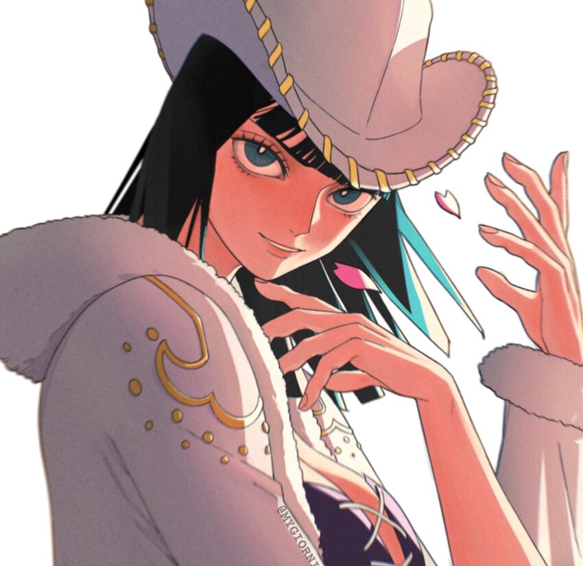 1girl black_hair blue_eyes blunt_bangs coat commentary cowboy_hat cross-laced_clothes cross-laced_top english_commentary extra_arms fur-trimmed_coat fur_trim hana_hana_no_mi hat highres light_smile medium_hair mygiorni nico_robin nico_robin_(alabasta) one_piece petals pink_petals simple_background solo upper_body white_background white_coat white_hat