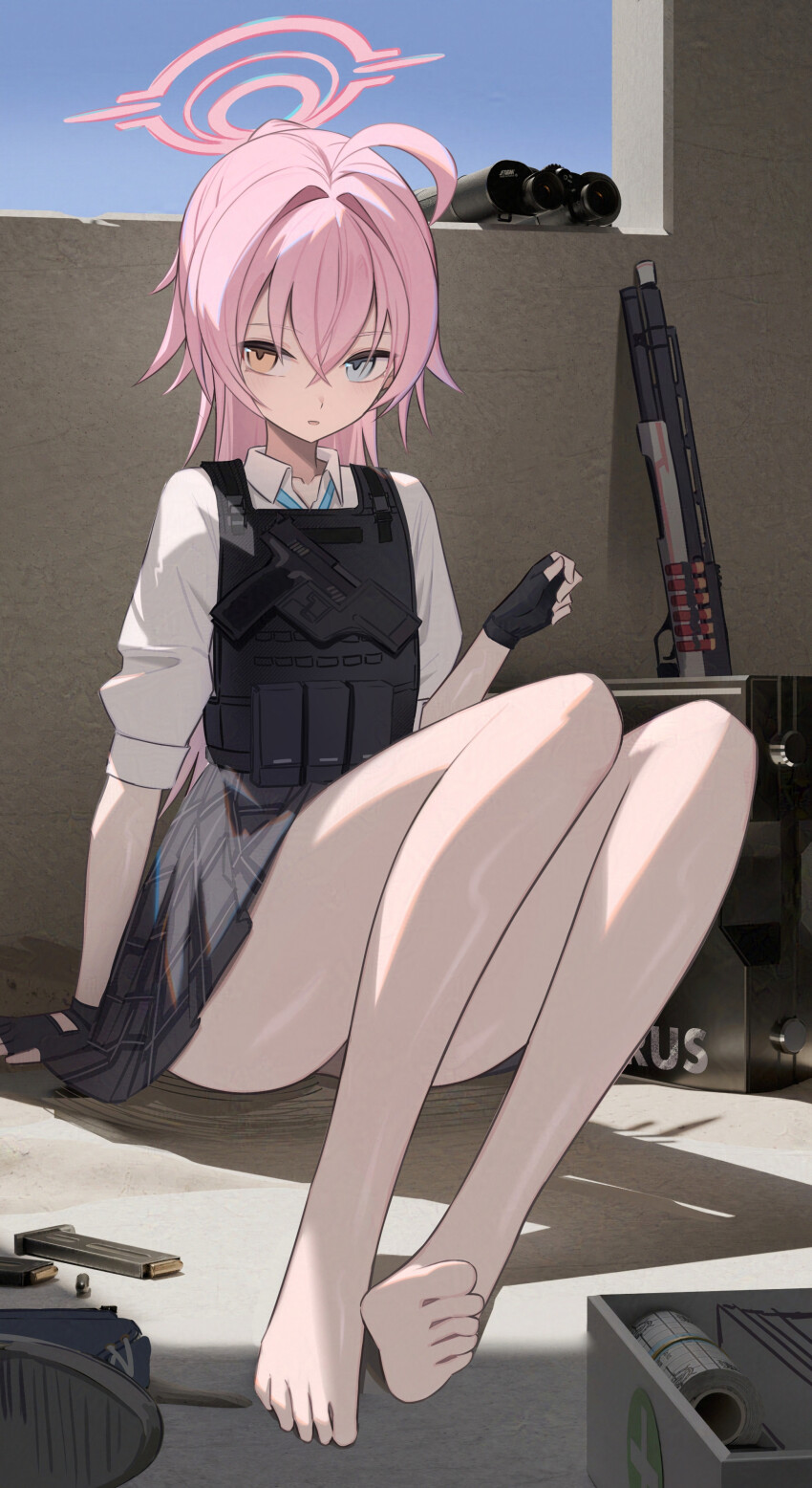 1girl absurdres barefoot beretta_1301 blue_archive blue_necktie bulletproof_vest gun halo handgun heterochromia highres hoshino_(armed)_(blue_archive) hoshino_(blue_archive) kitabana necktie official_alternate_costume pink_halo shotgun soles solo thighs weapon