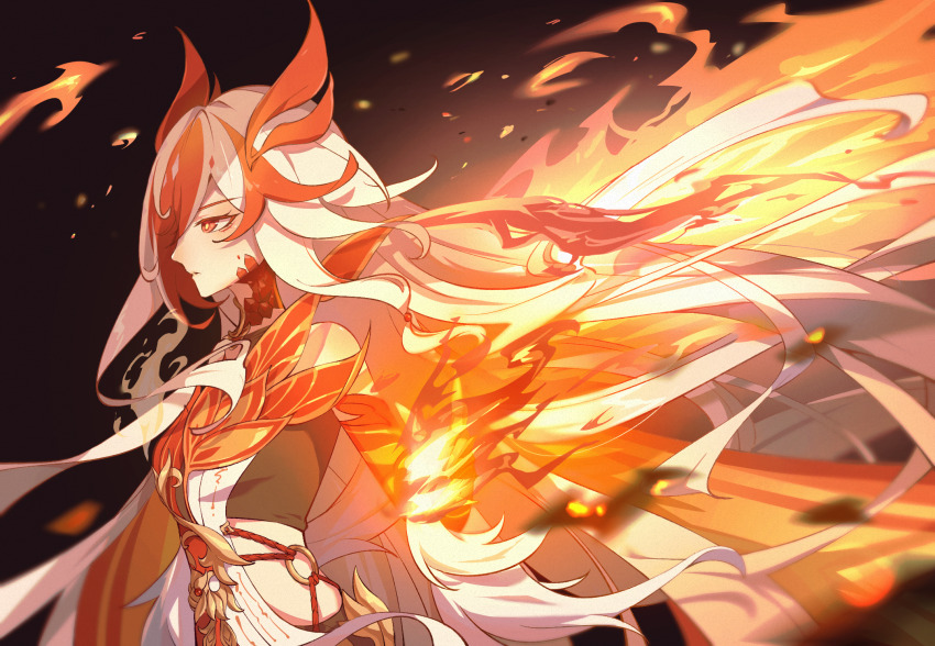 1girl bare_shoulders black_background breasts chinese_commentary colored_extremities commentary_request dress feng_yi_xiao fire from_side fu_hua fu_hua_(garuda) hair_ornament hand_up highres honkai_(series) honkai_impact_3rd long_hair looking_ahead multicolored_hair orange_eyes orange_hair orange_scales orange_theme parted_lips red_hands small_breasts solo two-tone_hair white_dress white_hair yellow_pupils