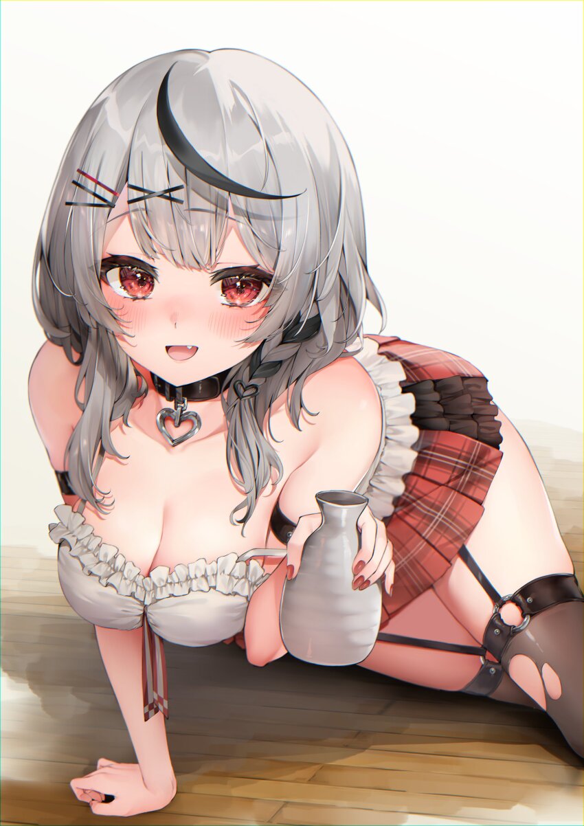 1girl absurdres bad_id bad_twitter_id bare_shoulders black_hair blush breasts camisole cleavage collarbone grey_hair highres hololive izumi_kei large_breasts long_hair looking_at_viewer medium_hair multicolored_hair open_mouth red_eyes sakamata_chloe skirt smile solo streaked_hair thighhighs thighs virtual_youtuber white_camisole