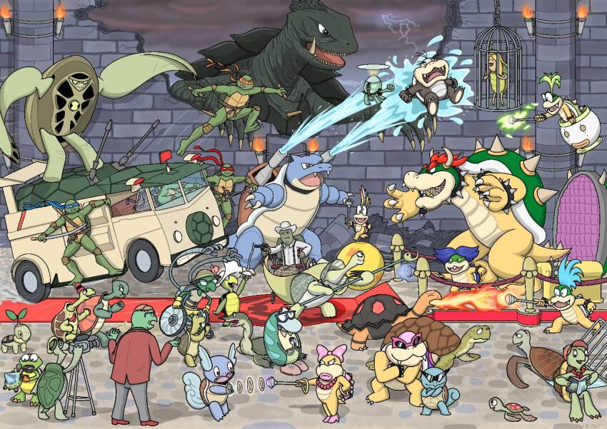 banjo-kazooie ben_10 blastoise blue_hair book bowser broken_wall cage castle cecil_turtle character_request commentary copyright_request creatures_(company) crossover donatello_(tmnt) dragon_ball driving english_commentary fangs filburt_(rocko&#039;s_modern_life) fire franklin_(franklin) franklin_(tv_series) game_freak gamera gamera_(series) gen_1_pokemon gen_3_pokemon gen_4_pokemon glasses green_hair gun hat holding holding_book holding_gun holding_rod holding_sword holding_wand holding_weapon iggy_koopa in_cage junior_clown_car kaiju katana koopalings kung_fu_panda l0lm4tt larry_koopa lemmy_koopa leonardo_(tmnt) looking_at_another looney_tunes ludwig_von_koopa mario_(series) michelangelo_(tmnt) morton_koopa_jr. motor_vehicle multiple_crossover nintendo open_book open_mouth pokemon pokemon_(creature) raphael_(tmnt) reading rocko&#039;s_modern_life roy_koopa ruins sharp_teeth species_connection squirtle squirtle_squad steering_wheel sunglasses sword teenage_mutant_ninja_turtles teeth tiptup_(banjo-kazooie) torkoal turtle turtle_shell turtle_van turtwig umigame_(dragon_ball) van wand wartortle water weapon wendy_o._koopa