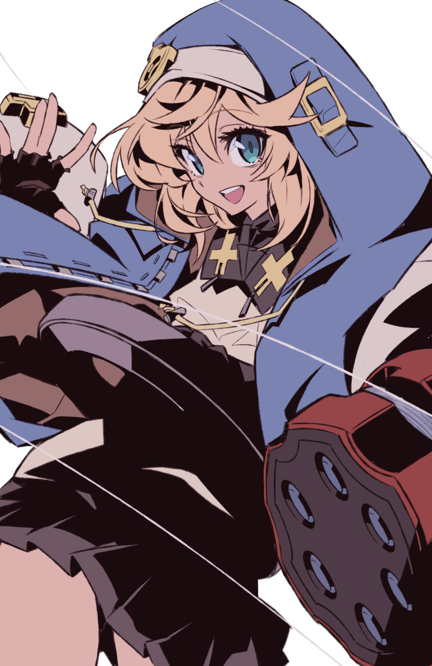 1boy androgyne_symbol aqua_eyes blonde_hair blush bridget_(guilty_gear) cross cuffs fingerless_gloves gloves guilty_gear guilty_gear_strive habit handcuffs highres hood hood_up hooded_jacket hoodie jacket long_hair long_sleeves looking_at_viewer male_focus medium_hair mutsuki_riichi open_clothes open_hoodie open_mouth pleated_skirt puffy_long_sleeves puffy_sleeves simple_background skirt smile solo trap yo-yo