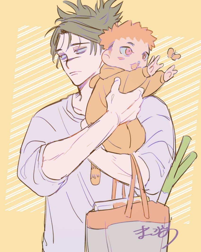 2boys :| absurdres aged_down baby baby_carry bag bags_under_eyes black_hair bug butterfly carrying choso_(jujutsu_kaisen) closed_mouth cosplay food food_packaging food_wrapper full_body half-brothers highres holding holding_another&#039;s_leg insect itadori_yuuji jujutsu_kaisen kigurumi long_hair long_sleeves looking_to_the_side male_focus multiple_boys onesie open_mouth orange_background orange_butterfly orange_eyes plastic_wrap price_tag scar scar_on_face shirt short_eyebrows short_hair short_twintails signature simple_background single_eyebrow sleeves_pushed_up snot_trail spiked_hair spring_onion sticker styrofoam tote_bag twintails undercut upper_body white_shirt wrapped_up zumu_(quw87)