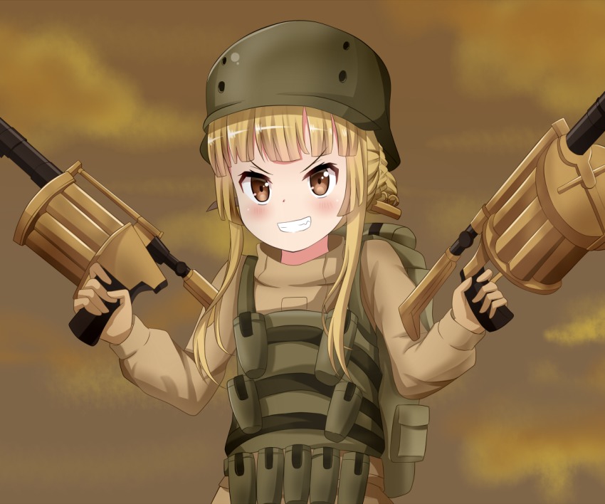 1girl blonde_hair blurry blurry_background blush brown_eyes brown_gloves brown_jacket cloud cloudy_sky commentary_request depth_of_field dual_wielding fukaziroh_(sao) gloves grenade_launcher grin gun hair_bun helmet holding holding_gun holding_weapon jacket koyuki_(azumaya999) long_hair long_sleeves looking_at_viewer military military_uniform milkor_mgl outdoors revolver_grenade_launcher rightony_&amp;_leftania sidelocks single_hair_bun sky smile solo sword_art_online sword_art_online_alternative:_gun_gale_online upper_body v-shaped_eyebrows weapon