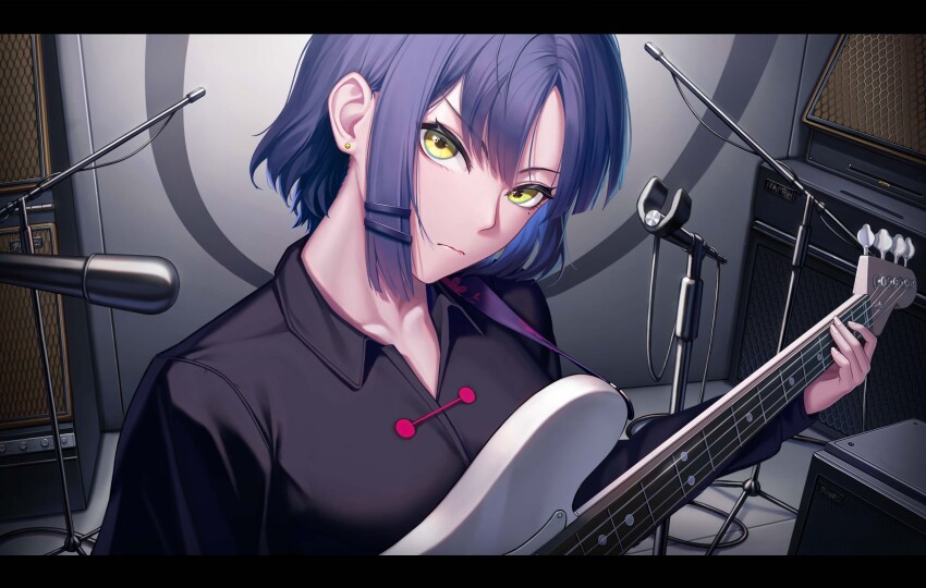 1girl 3v_ju absurdres blue_hair bocchi_the_rock! guitar highres instrument playing_bass_guitar playing_instrument solo yamada_ryo yellow_eyes