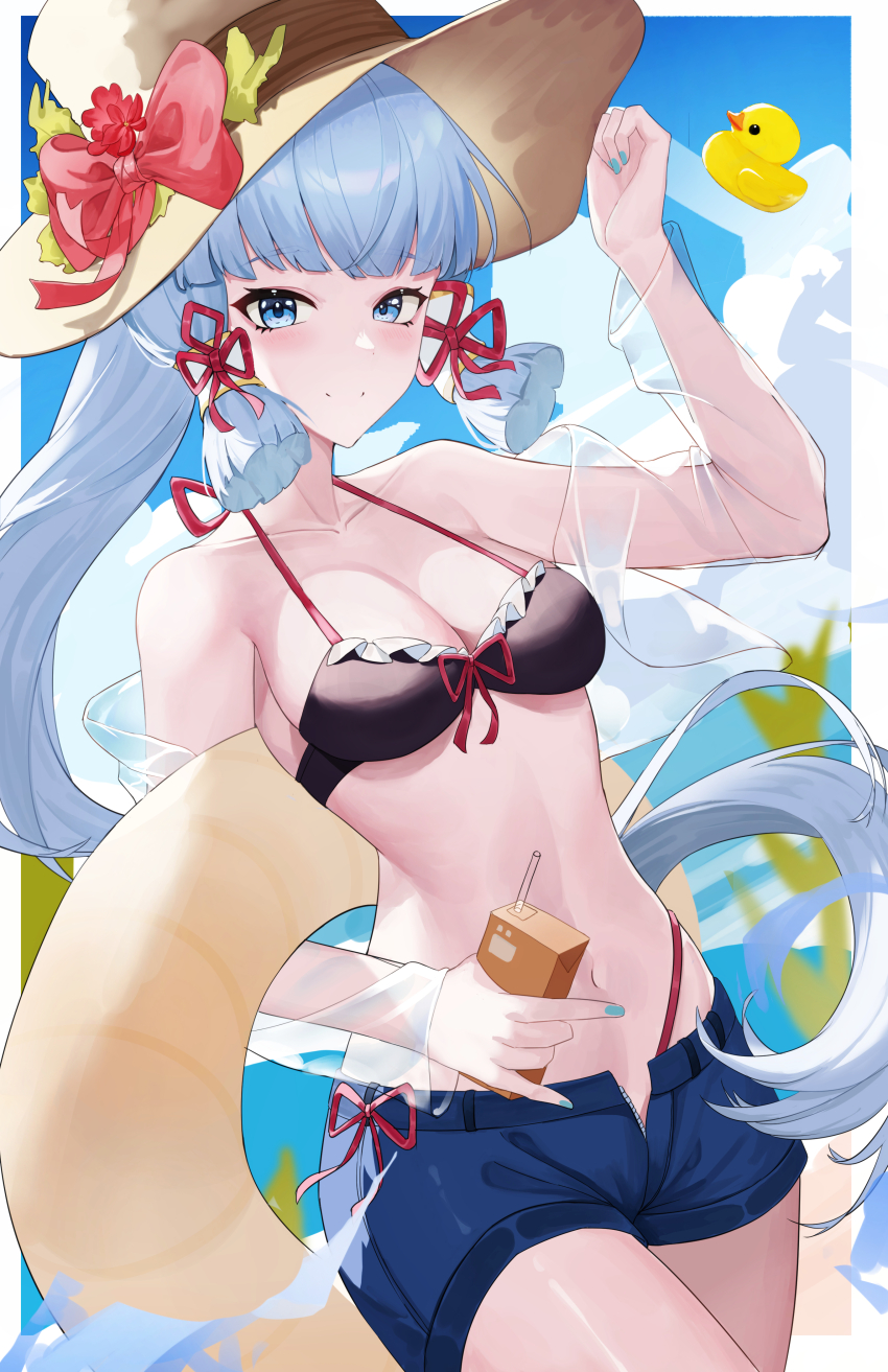 1girl absurdres ayaka_(genshin_impact) bikini bikini_top_only black_bikini blue_eyes blue_hair blunt_bangs blush bow breasts closed_mouth genshin_impact hair_ornament hair_ribbon hat hat_bow highres holding holding_carton innertube lao_xi light_blue_hair long_hair looking_at_viewer medium_breasts midriff mole mole_under_eye navel ponytail red_bow ribbon rubber_duck smile solo stomach swim_ring swimsuit very_long_hair