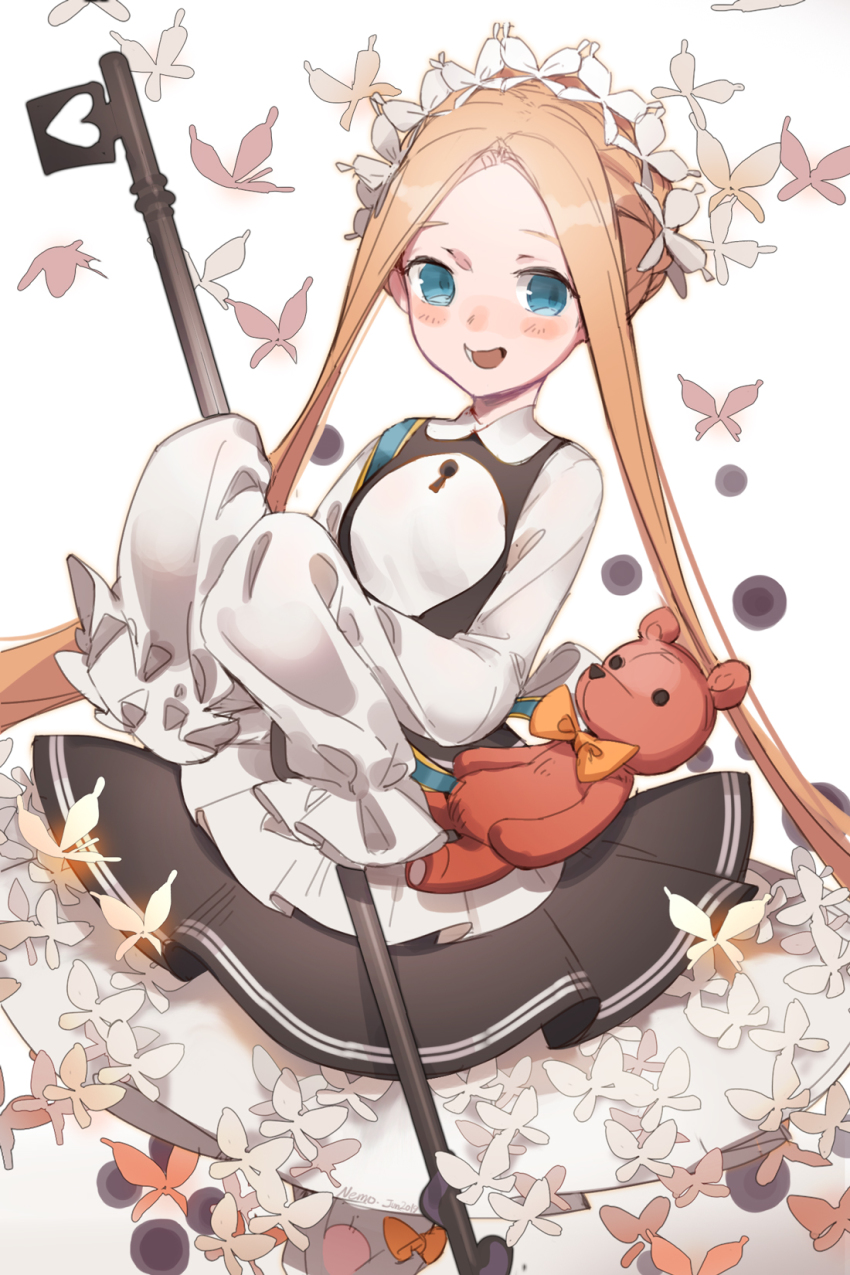 1girl abigail_williams_(fate) abigail_williams_(festival_outfit)_(fate) apron black_skirt blonde_hair blue_eyes bow butterfly_hair_ornament fate/grand_order fate_(series) hair_ornament heroic_spirit_chaldea_park_outfit highres holding key long_hair long_sleeves looking_at_viewer maid maid_apron maid_headdress mary_janes nemo_(leafnight) official_alternate_costume open_mouth orange_bow shoes skirt sleeves_past_fingers sleeves_past_wrists smile solo stuffed_animal stuffed_toy teddy_bear white_bow