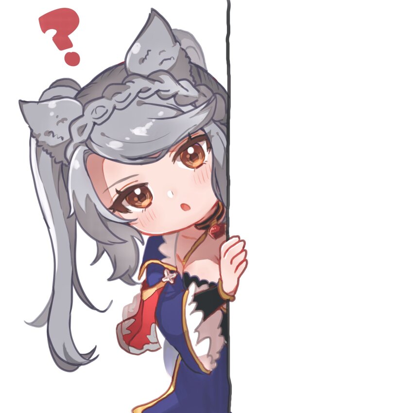 1girl :o ? animal_ears braid brown_eyes chagame erune fraux granblue_fantasy grey_hair highres looking_at_viewer solo swept_bangs white_background