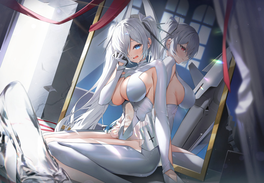 1girl absurdres blue_eyes breasts center_opening cinderella_(nikke) cleavage_cutout clothing_cutout crying goddess_of_victory:_nikke highres indoors large_breasts long_hair mirror navel navel_cutout red_eyes reflection shuvi_(shuvi1125) twintails white_hair