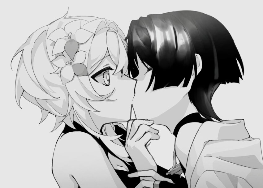 1boy 1girl bare_shoulders blunt_ends bodysuit breasts cleavage cleavage_cutout closed_eyes clothing_cutout couple flower from_side genshin_impact hair_flower hair_ornament hetero highres japanese_clothes kimono kiss looking_at_another lumine_(genshin_impact) mei_x_02 middle_ring monochrome scaramouche_(genshin_impact) shirt short_hair short_hair_with_long_locks sidelocks surprise_kiss surprised turtleneck turtleneck_bodysuit wanderer_(genshin_impact) wide-eyed