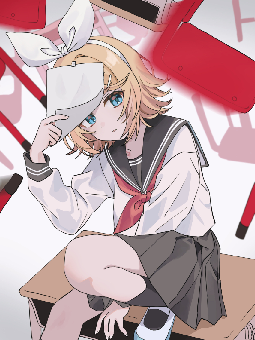 1girl blonde_hair blue_eyes bow_hairband chair commentary_request desk hair_ornament hairband hairclip highres kagamine_rin knee_up long_sleeves lost_one_no_goukoku_(vocaloid) medium_hair neckerchief ozblpnt paper_on_head pleated_skirt school_chair school_desk school_uniform serafuku shoes sitting skirt socks solo uwabaki vocaloid