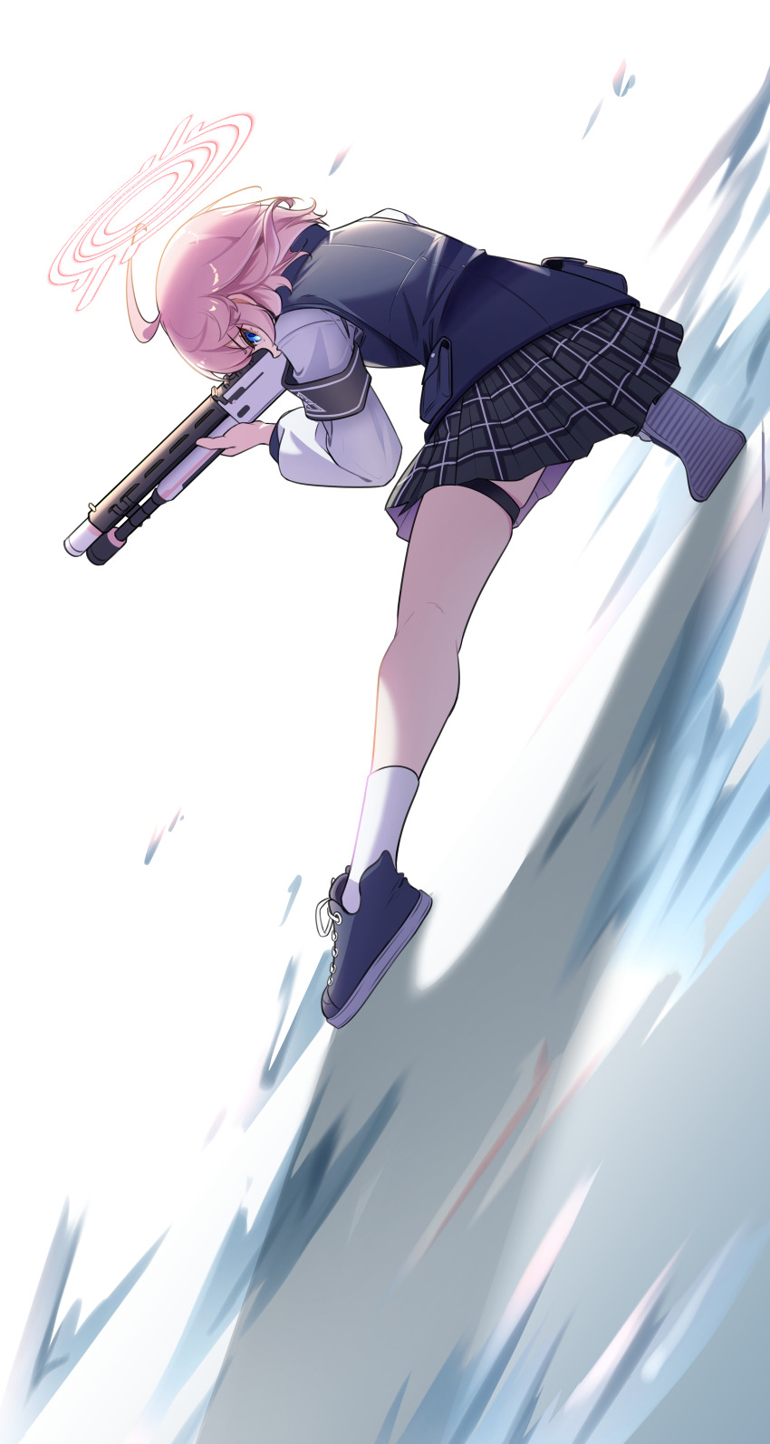 1girl absurdres ahoge black_footwear black_skirt black_vest blue_archive blue_eyes full_body gun halo highres holding holding_gun holding_weapon hoshino_(blue_archive) hoshino_(first_year)_(blue_archive) hoshino_(young)_(blue_archive) long_sleeves pink_hair pink_halo pleated_skirt samgong shirt shoes short_hair skirt socks solo thigh_strap vest weapon white_shirt white_socks