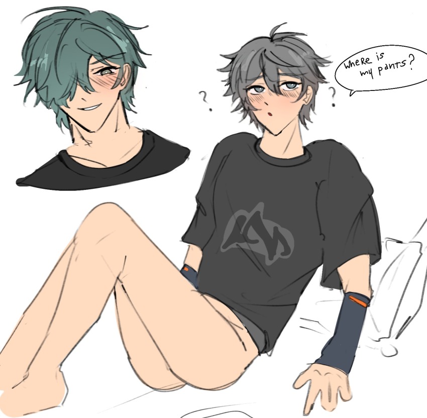 2boys :o ? ass barefoot black_shirt blush bottomless ch8lde_420 closed_mouth green_hair grey_hair highres lighter_(zenless_zone_zero) male_focus multiple_boys open_mouth shirt smile wise_(zenless_zone_zero) zenless_zone_zero