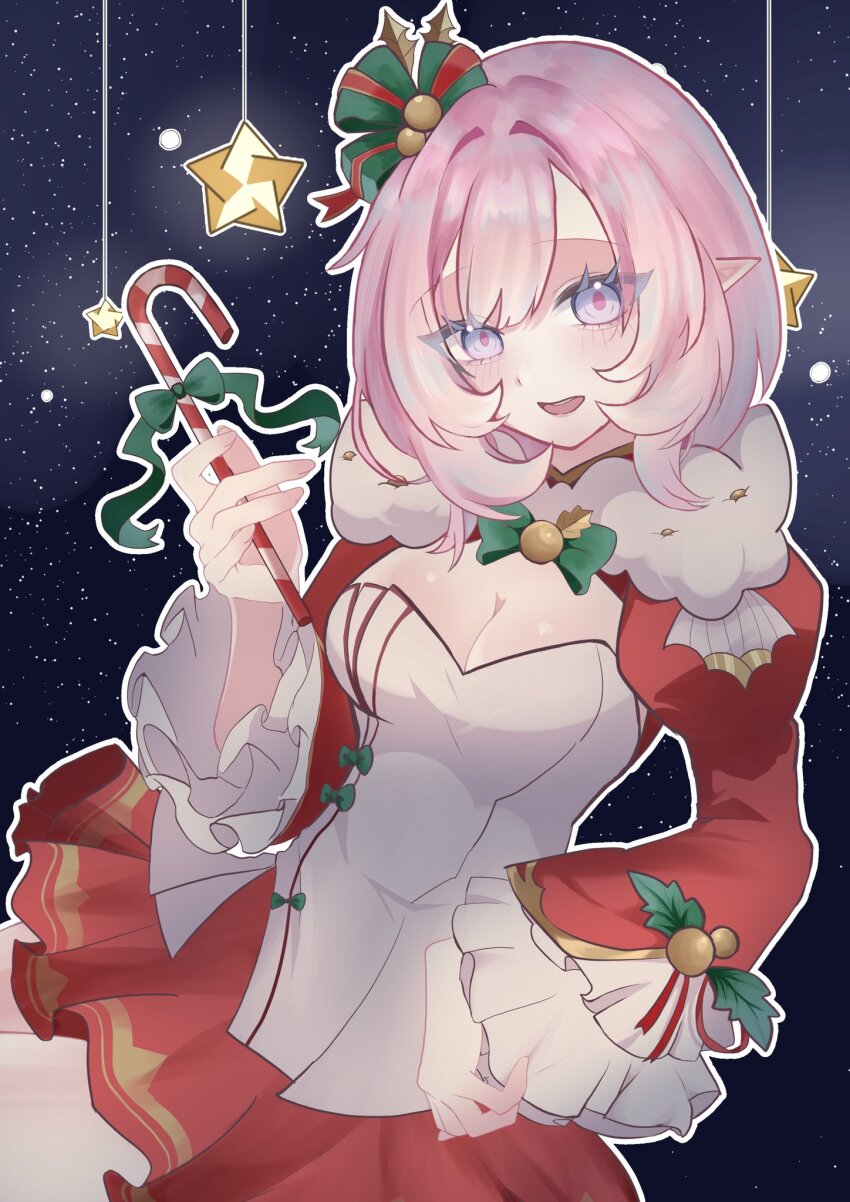 1girl :d breasts candy candy_cane cleavage elysia_(honkai_impact) food fuka_(_ilouxs2) hand_up highres holding holding_candy holding_candy_cane holding_food honkai_(series) honkai_impact_3rd juliet_sleeves long_sleeves looking_at_viewer medium_breasts medium_hair open_mouth pink_hair pointy_ears puffy_sleeves purple_eyes red_skirt shirt skirt smile solo white_shirt