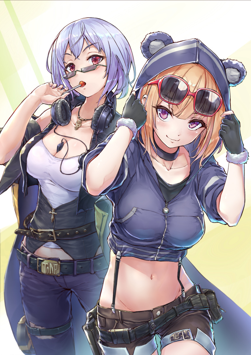 2girls alternate_costume animal_ears animal_hood bear_ears belt belt_buckle between_breasts breasts buckle candy cleavage denim denim_shorts digital_media_player drum_magazine eyewear_on_head fingerless_gloves food food_in_mouth girls&#039;_frontline gloves grizzly_mkv_(girls&#039;_frontline) headphones headphones_around_neck highres holster holstered hood hooded_jacket jacket jeans lar_grizzly_win_mag lollipop magazine_(weapon) medium_breasts multiple_girls navel orange_hair pants potato_tacos purple_eyes purple_hair red_eyes short_shorts shorts sunglasses thompson_(girls&#039;_frontline)