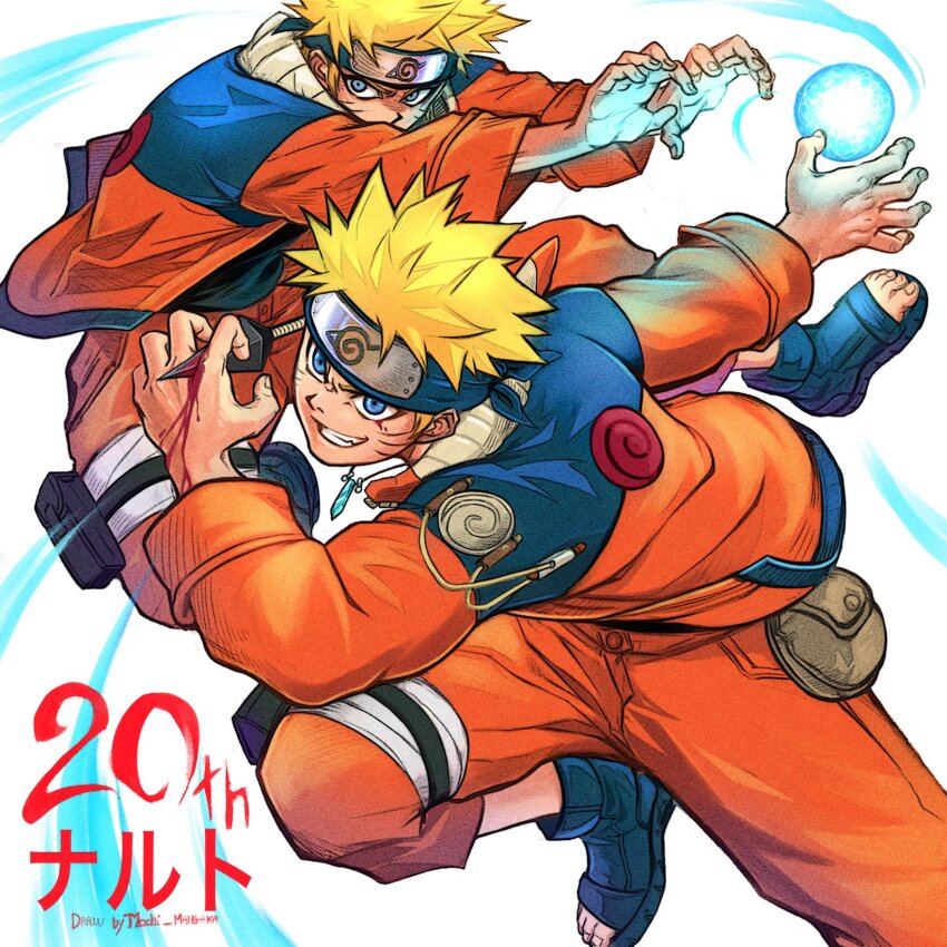 1boy bandaged_leg bandages blonde_hair blue_eyes blue_footwear blue_headband energy_ball facial_mark furrowed_brow grin headband highres holster jacket jewelry jumpsuit male_focus mochi_mangaka multiple_views naruto_(series) necklace orange_jacket orange_jumpsuit orange_pants pants short_hair smile solo teeth thigh_holster toeless_footwear uzumaki_naruto whisker_markings white_background