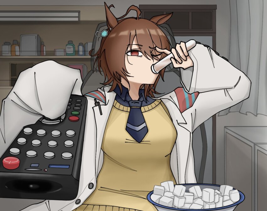 1girl agnes_tachyon_(umamusume) animal_ears black_necktie black_shirt breasts brown_eyes brown_hair collared_shirt commentary controller cowlick curtains english_commentary holding holding_remote_control holding_test_tube horse_ears horse_girl looking_at_viewer man_watching_tv_(meme) medium_breasts meme necktie no_pupils one_eye_closed remote_control seeralsan shirt short_hair short_necktie sleeves_past_fingers sleeves_past_wrists solo sugar_cube sweater test_tube umamusume yellow_sweater