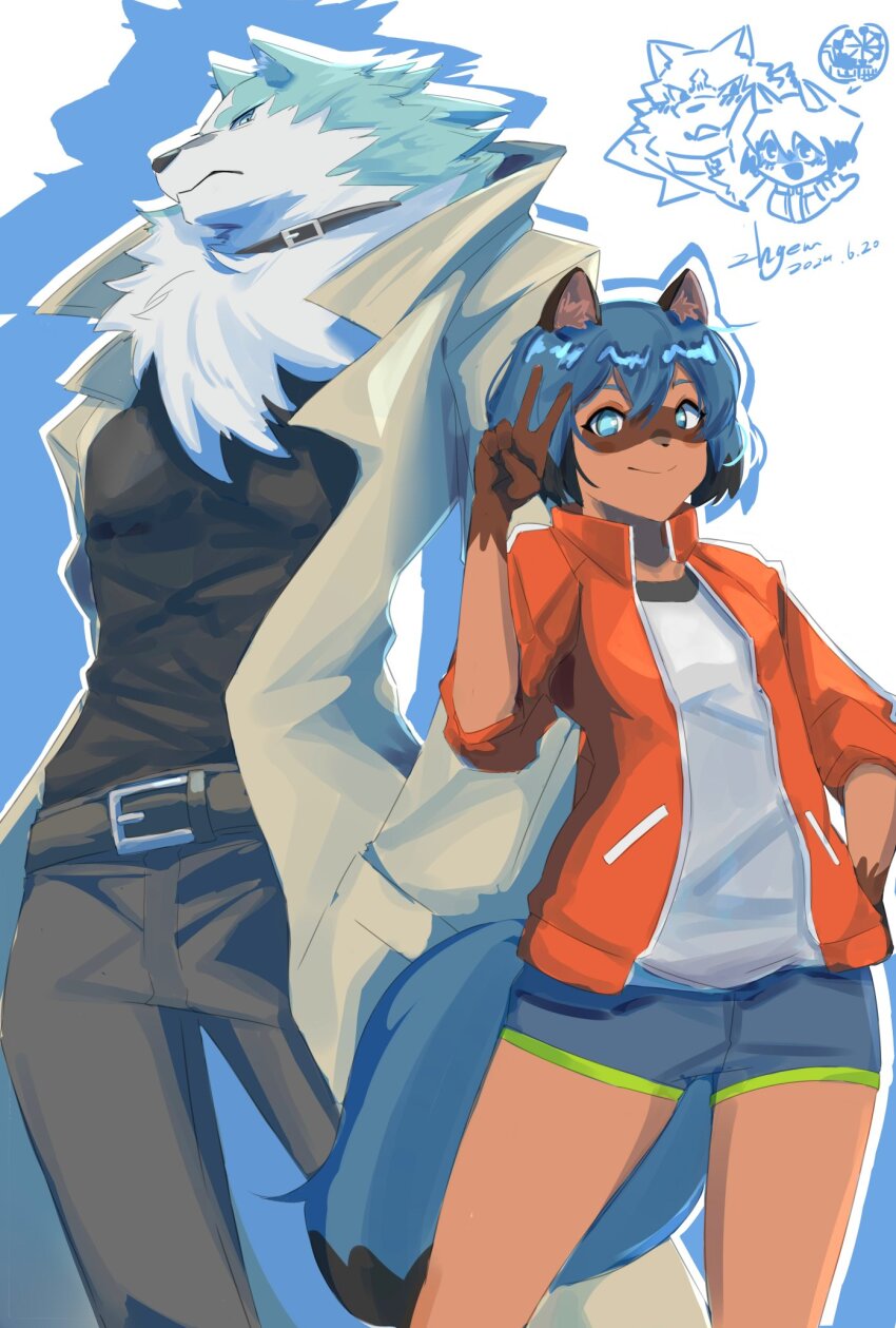 1boy 1girl animal_ears black_hair blue_eyes blue_hair body_fur brand_new_animal breasts furry furry_female furry_male highres jacket kagemori_michiru looking_at_viewer multicolored_hair ogami_shirou pants raccoon_ears raccoon_girl raccoon_tail red_jacket shirt short_hair shorts simple_background smile tail two-tone_hair white_background wolf_boy zhymao