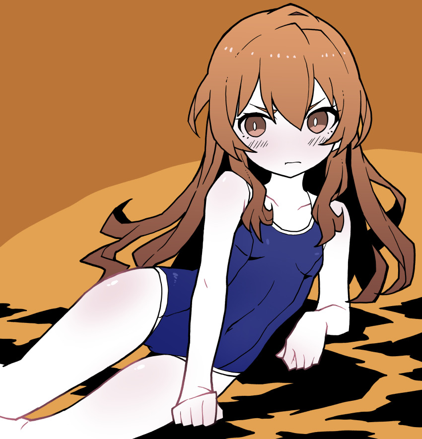 1girl absurdres aisaka_taiga akableak angry bare_shoulders blue_one-piece_swimsuit blush breasts bright_pupils brown_background brown_eyes brown_hair clenched_hands collarbone commentary covered_navel embarrassed english_commentary hair_between_eyes hair_over_shoulder highres long_hair looking_at_viewer lying new_school_swimsuit on_ground on_side one-piece_swimsuit pale_skin school_swimsuit sidelocks small_breasts solo swimsuit thigh_gap toradora! tsundere v-shaped_eyebrows white_pupils