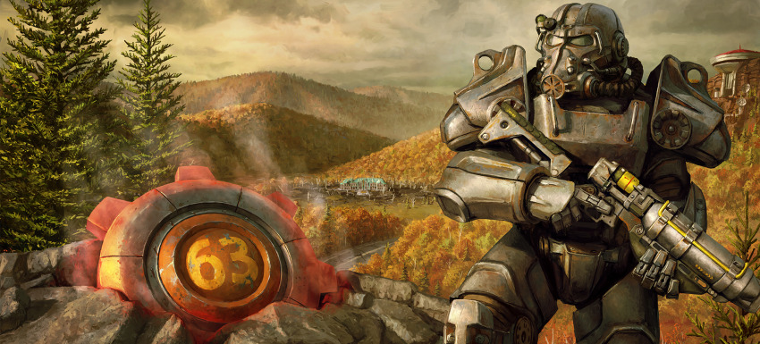 1boy armor day fallout_(series) fallout_76 grey_sky gun highres holding holding_gun holding_weapon official_art outdoors power_armor_(fallout) sky solo tree weapon