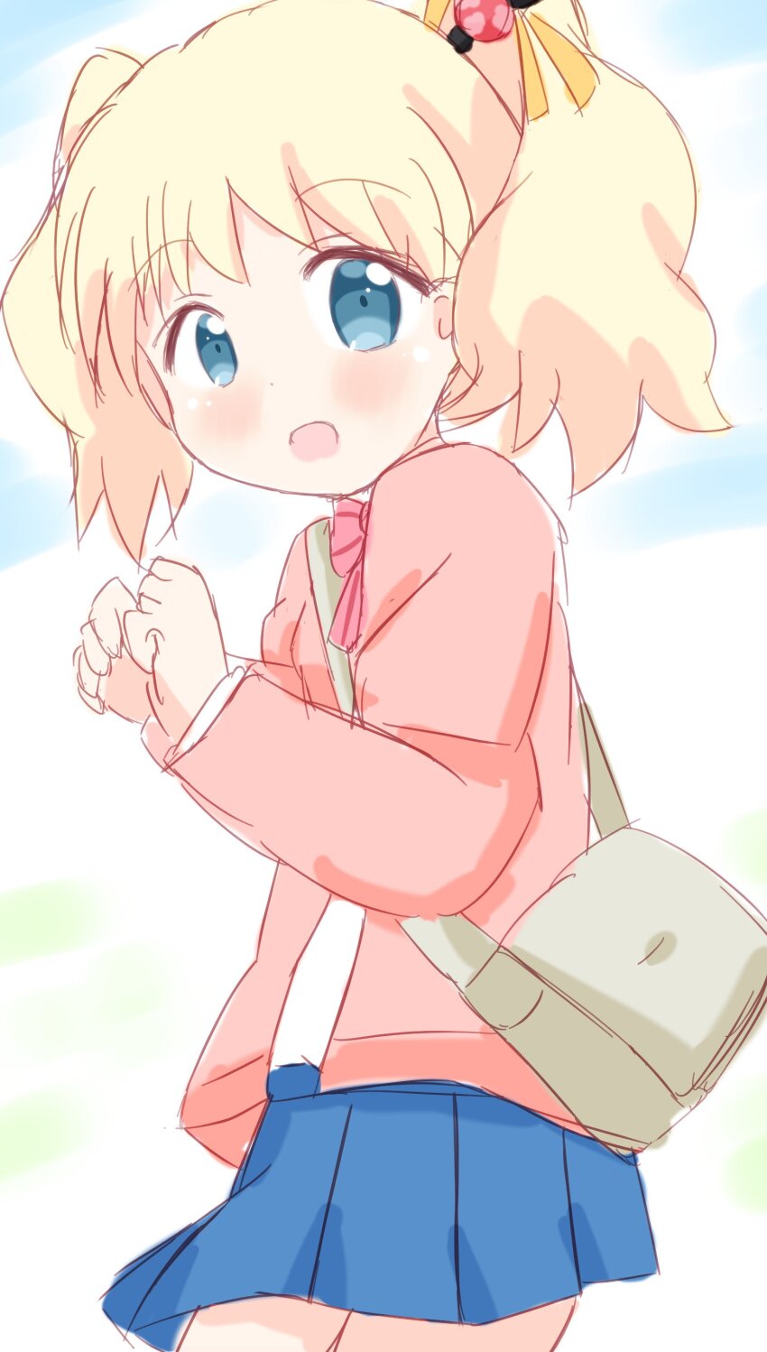 1girl absurdres alice_cartelet bag blonde_hair blue_eyes blush hair_ornament highres kin-iro_mosaic looking_at_viewer medium_hair open_mouth open_sweater pink_hair school_bag school_uniform simple_background solo sweater youayachan