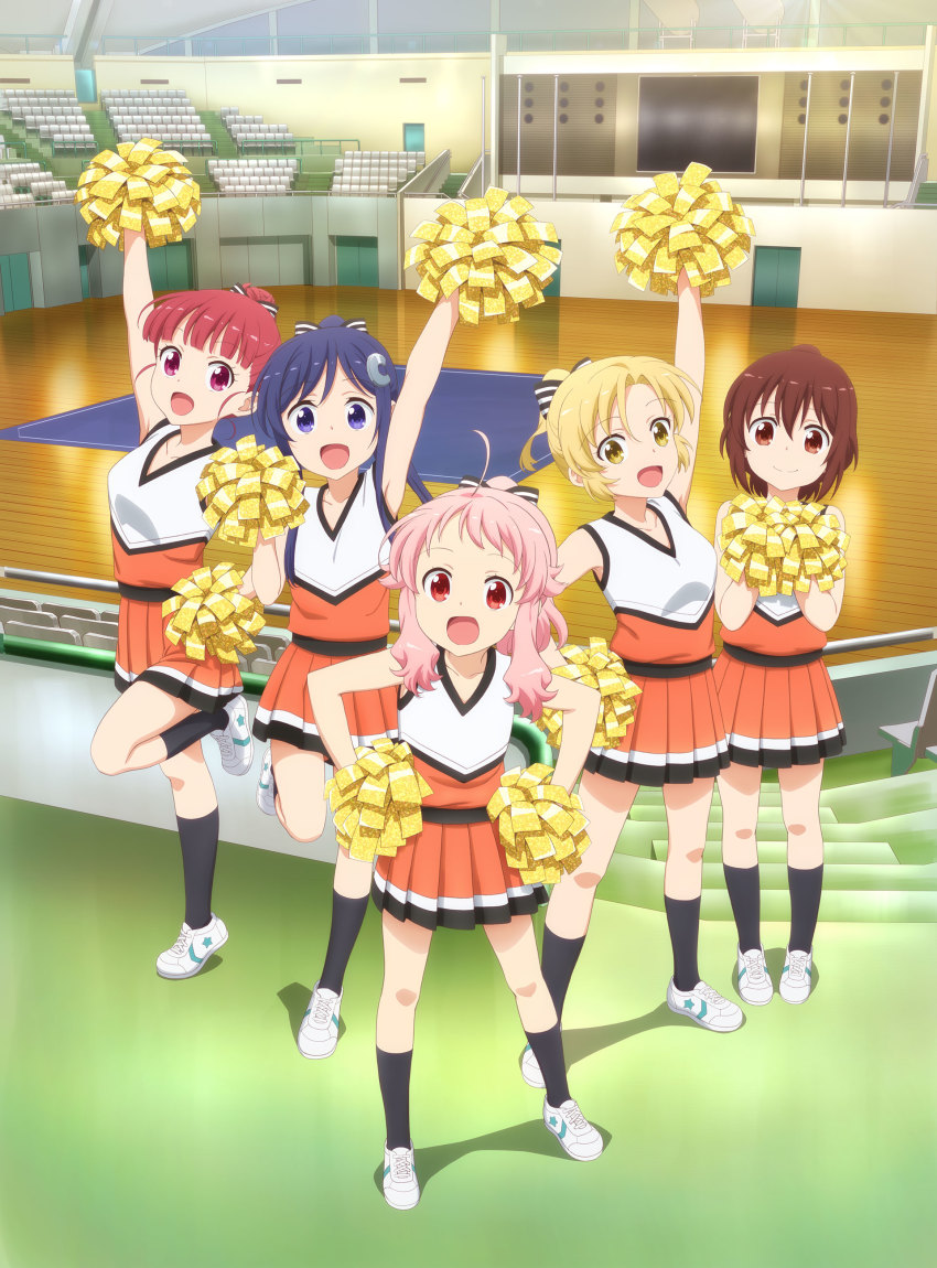 10s 5girls :d absurdres ahoge anima_yell! arima_hizume arm_up bare_arms black_socks blonde_hair blue_eyes blue_hair blunt_bangs bow brown_eyes brown_hair cheerleader closed_mouth from_above gym hair_between_eyes hair_bow hair_bun hair_ornament hairclip hands_on_own_hips hatoya_kohane highres holding holding_pom_poms indoors key_visual kneehighs leg_up legs_apart long_hair multiple_girls official_art open_mouth orange_skirt parted_bangs pigeon-toed pink_hair pleated_skirt pom_pom_(cheerleading) pom_poms ponytail promotional_art red_eyes red_hair sawatari_uki shirt shoes short_hair sidelocks single_hair_bun skirt sleeveless sleeveless_shirt smile sneakers socks standing standing_on_one_leg striped_bow tatejima_kotetsu ushiku_kana yellow_eyes