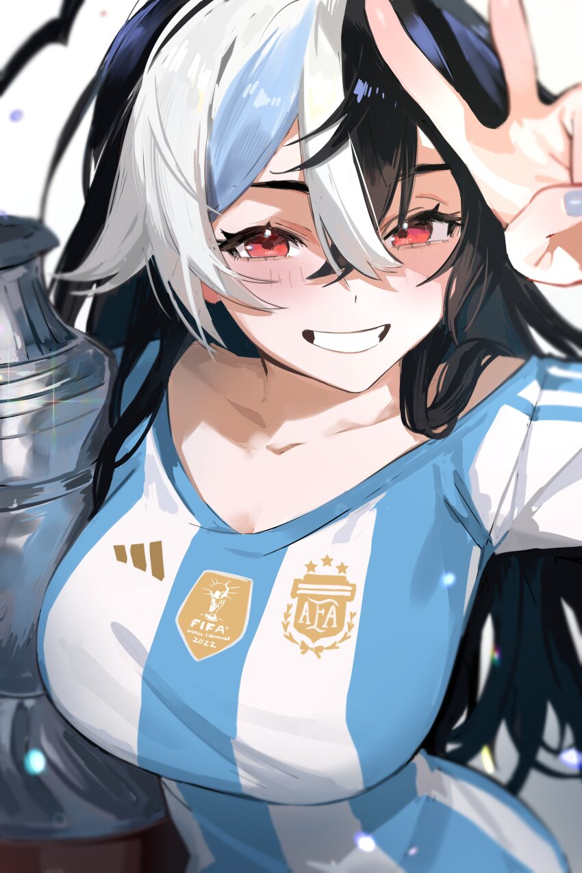 1girl absurdres argentina asociacion_de_futbol_argentina black_hair blush breasts collarbone commentary english_commentary hair_between_eyes highres holding holding_trophy indie_virtual_youtuber large_breasts long_hair looking_at_viewer mixed-language_commentary momote momote_(vtuber) multicolored_hair red_eyes simple_background soccer_uniform solo spanish_commentary sportswear trophy v virtual_youtuber white_background
